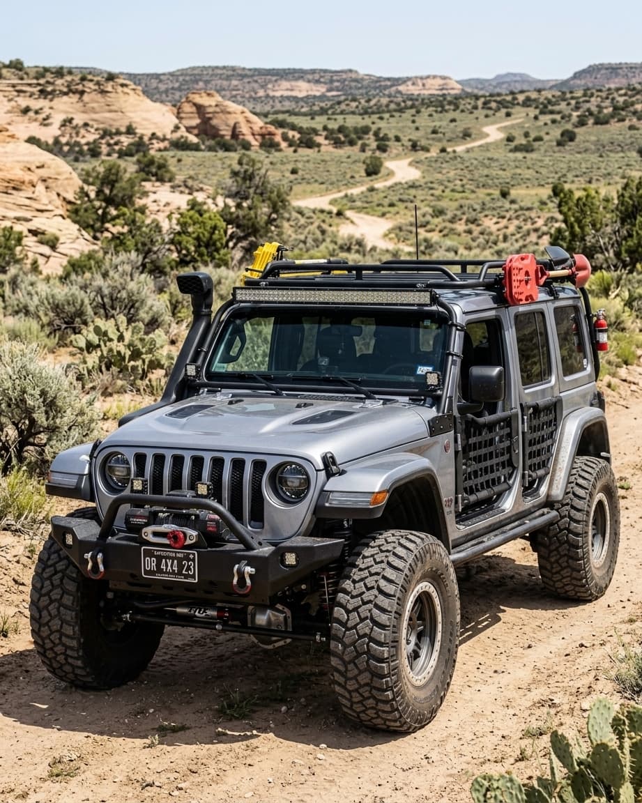 Jeep equipado con defensas, rollbar y luces adicionales Barracuda